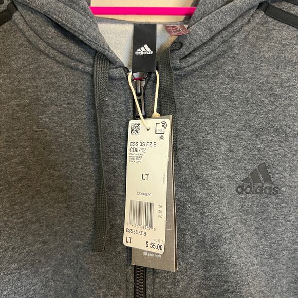 Adidas Men’s Full Zip Fleece Jacket Size Large Tall Hooded Charcoal Gray NEW - Picture 3 of 7